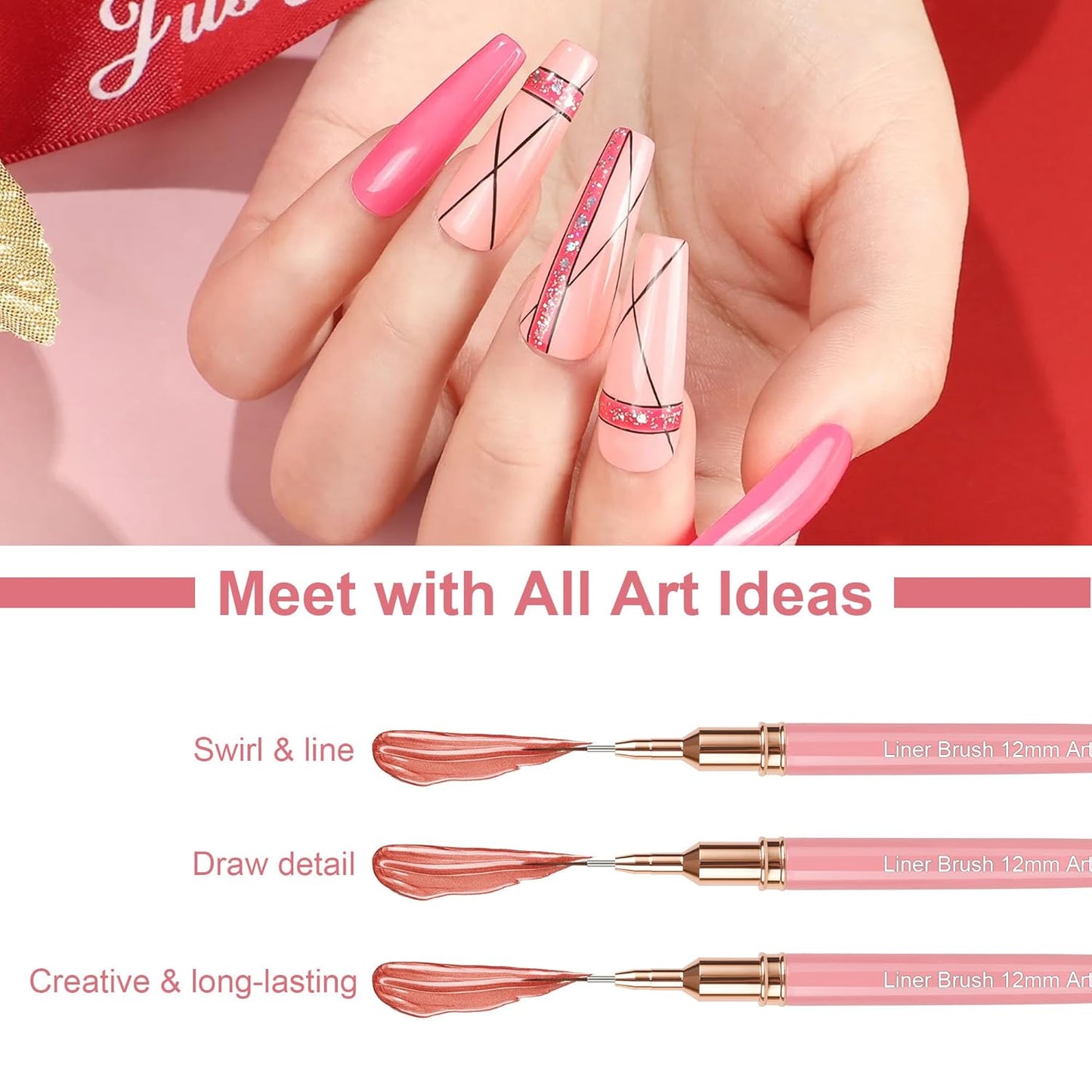 Artdone Metallic Nail Art Pens, Liner Brushes Set, 5PCS Pink Color Nail Tools For Long Lines, Thin Details, Fine Drawing, Liner Brush UV Gel Polish Painting Nail Design Sizes 5/8/12/20/25mm-Velvo Beauty