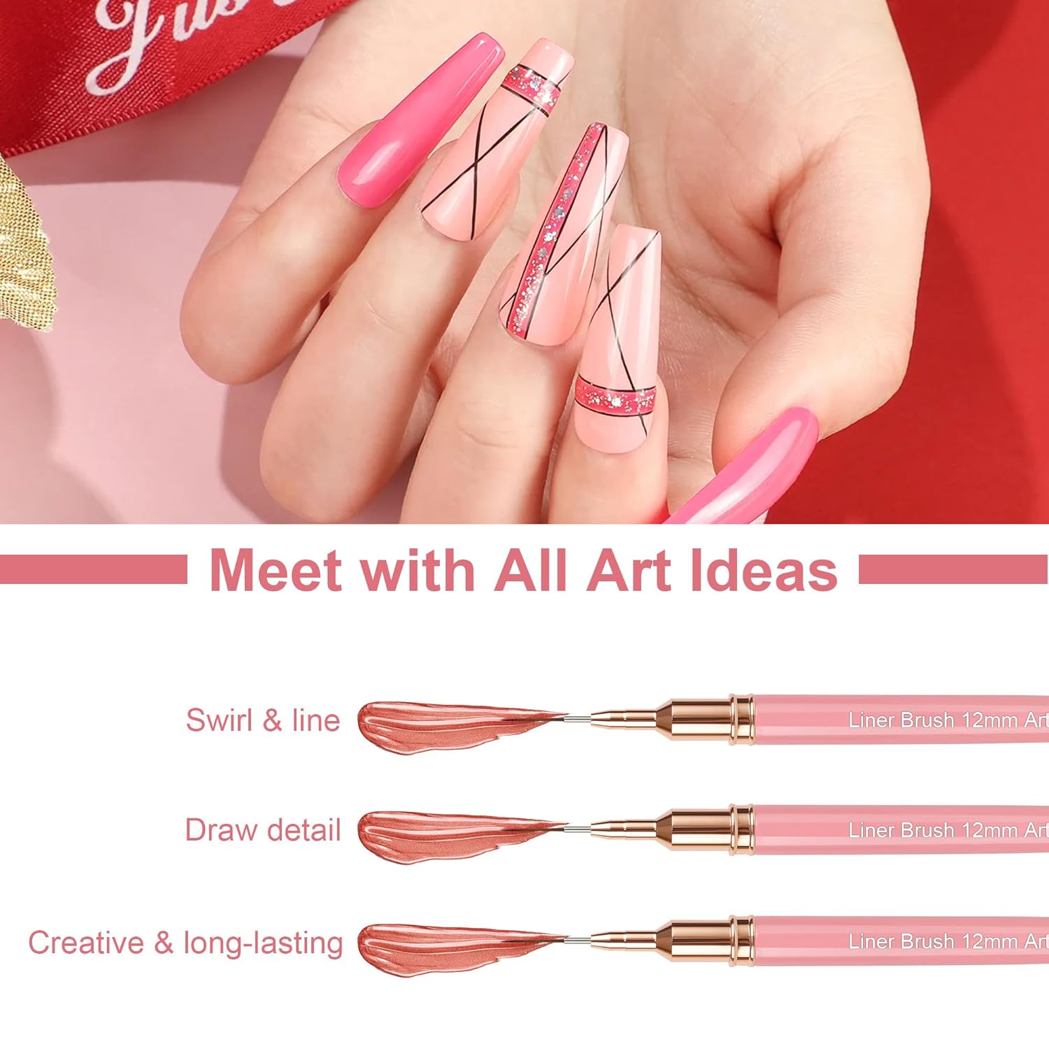 Artdone Metallic Nail Art Pens, Liner Brushes Set, 5PCS Pink Color Nail Tools For Long Lines, Thin Details, Fine Drawing, Liner Brush UV Gel Polish Painting Nail Design Sizes 5/8/12/20/25mm-Velvo Beauty