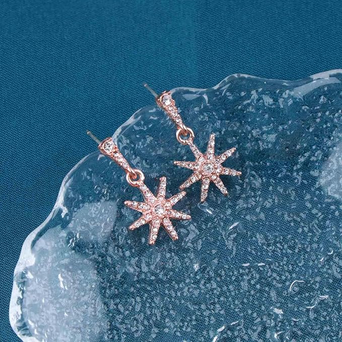 Boho Crystal Sunburst Earrings Rose Gold Star Drop Stud Earrings Cz Paved Starbust Earrings Celestial Earrings Jewelry for Women and Girls-Velvo Beauty