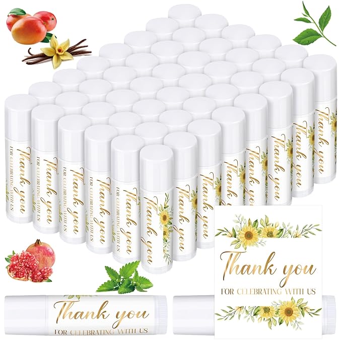 Dunzy 50 Pcs Thank You Gift Lip Balm Bulk Baby Shower Party Favors Bridal Shower Favor Lip Care with Assorted Fruit Flavors Thank You Lipstick for Guest Basket Gift Stuffer (Sunflower)-Velvo Beauty