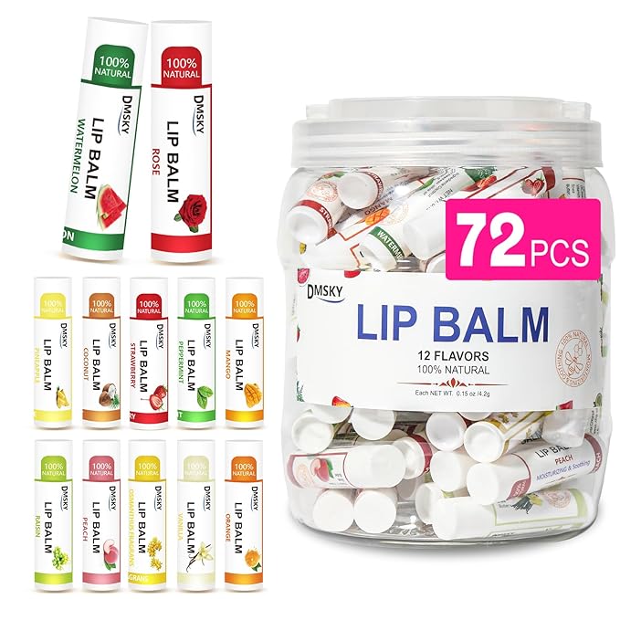 DMSKY Lip Balm Bulk 72 Pack, Lip Balm Hydrating with Vitamin E and Coconut Oil 12 Flavors, Lip Moisturizer Treatment - Party Favors Bulk Gift-Velvo Beauty