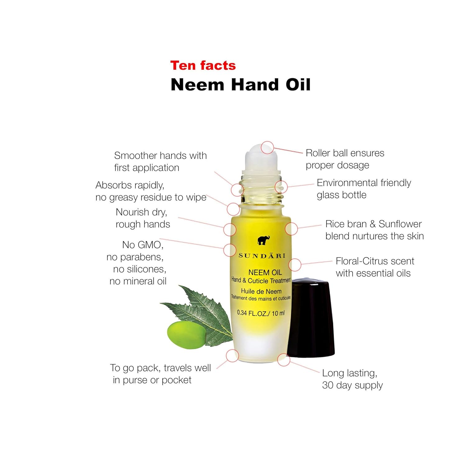 SUNDARI Neem Hand & Cuticle Treatment Oil – 0.34 Fl Oz, Roller for Dry Hands, Nails and Cuticles, Hydrating, Non-Greasy, Pure Plant & Herbal Extracts, Mess-Free Application, Deep Nourishment-Velvo Beauty