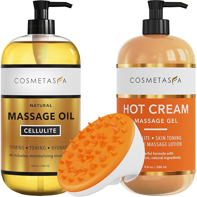 Cellulite Massage Oil, Gel & Mitt - Natural Hot Cream Massage Gel, Oil & Massager - Firm, Tone, Tighten & Moisturize Skin. Soothes Muscles (8.8 oz.)-Velvo Beauty