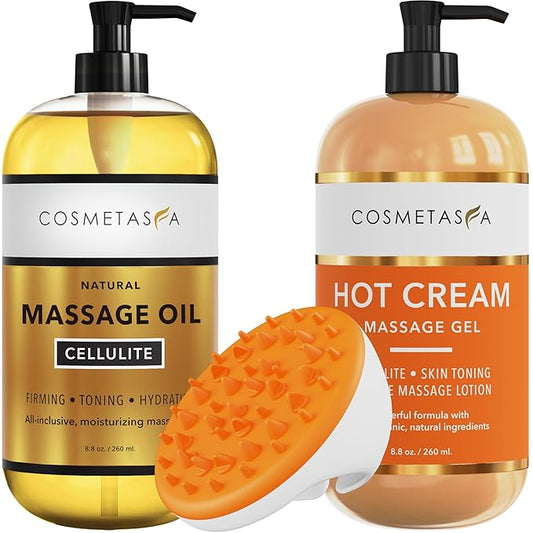 Cellulite Massage Oil, Gel & Mitt - Natural Hot Cream Massage Gel, Oil & Massager - Firm, Tone, Tighten & Moisturize Skin. Soothes Muscles (8.8 oz.)-Velvo Beauty