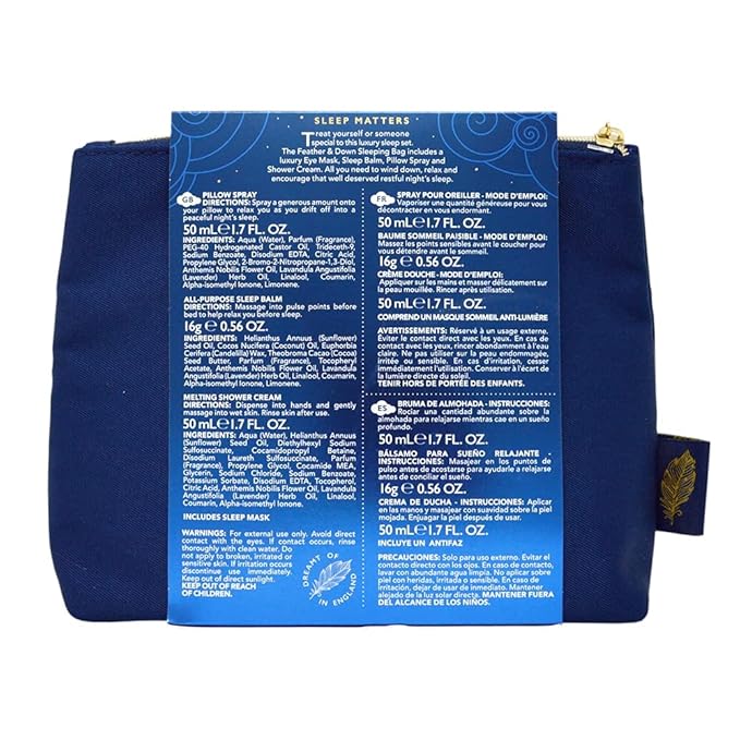 Feather & Down Sleeping Bag Gift Set: Luxury Eye Mask, Sleep Balm, Pillow Spray and Shower Cream, with Calming Lavender & Chamomile Essential Oils, Vegan & Cruelty Free-Velvo Beauty