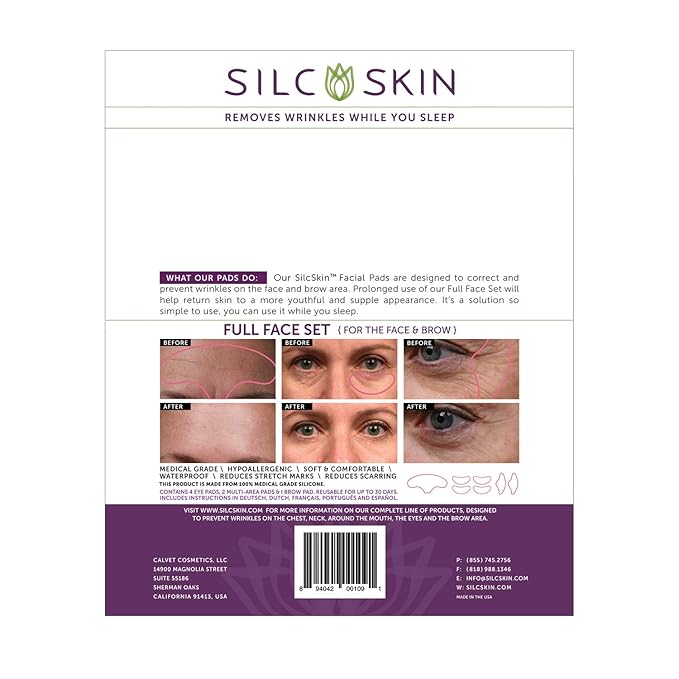 SilcSkin Full Face Set, Helps with Face & Brow Wrinkles from Sun Aging Side Sleeping, Reusable Self Adhesive Medical Grade Silicone, 1 Brow Pad, 4 Eye Pads, 2 Multi-Area Pads - 45 Day Supply-Velvo Beauty