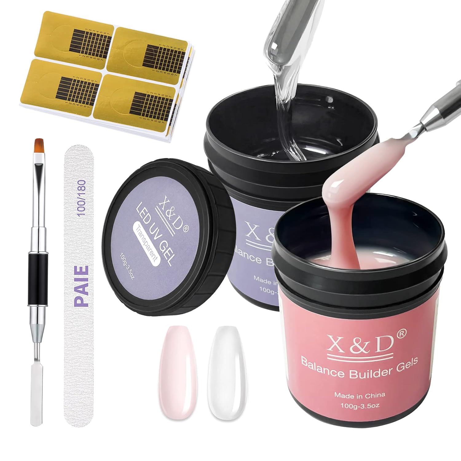 X&D Gel Nail Polish Kit - UV Polygel 2 Bottles Quick Dry 100g Natural Clear Color Nail Extension with Nail Forms, File, Acrylic Brush (Transparent & Nude Pink)-Velvo Beauty