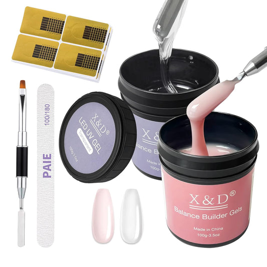 X&D Gel Nail Polish Kit - UV Polygel 2 Bottles Quick Dry 100g Natural Clear Color Nail Extension with Nail Forms, File, Acrylic Brush (Transparent & Nude Pink)-Velvo Beauty