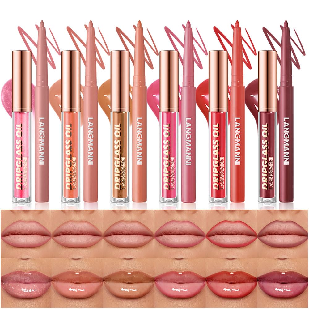 BestLand 12pcs Hydrating Lip Oils + Lip Liner Pencil Lip Combo Sets, 24H Long-Lasting Lip Kit with Lip Liner and Gloss, Nourishing, Non-Sticky Tinted Stain Lip Gloss Plumping Lip Oil Set for Women-Velvo Beauty