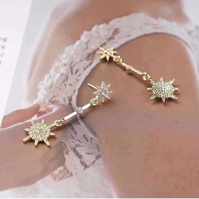 Vintage Crystal Starburst Drop Earrings Long Rhinestone Northstar Earrings Gold Cz Star Dangle Earrings Cz North Star Stud Earrings Jewelry for Women-Velvo Beauty