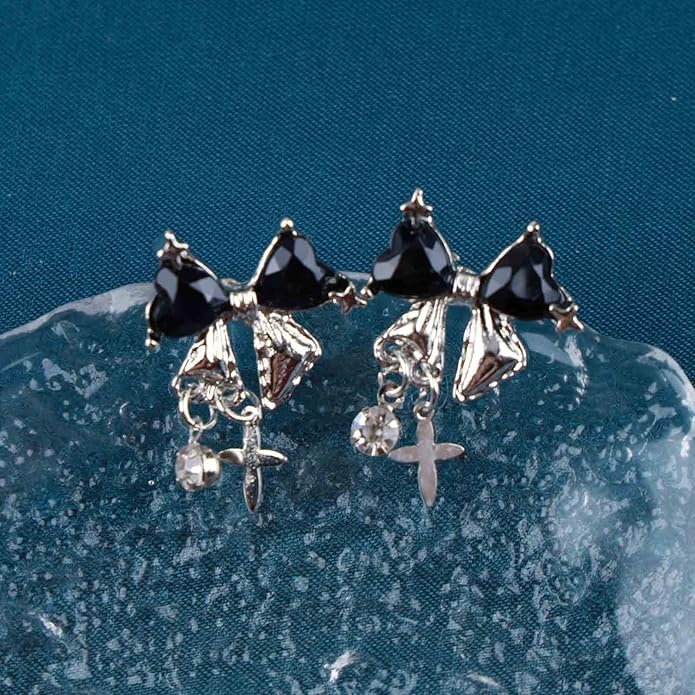 Vintage Crystal Bow Earrings Black Onyx Stud Earrings Silver Tiny Cross Drop Earrings Sparkly Cz Rhinestone Bow Earrings Jewelry for Women-Velvo Beauty