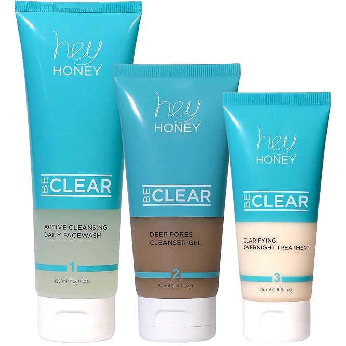 Hey Honey Skincare Be Clear 3-Step Acne Clearing Kit |Clear Face Wash, Deep Pores Cleansing, Overnight Treatment | with Propolis & Honey | Clear Blemish Skin Purifying Formulas | 3-Piece Kit-Velvo Beauty