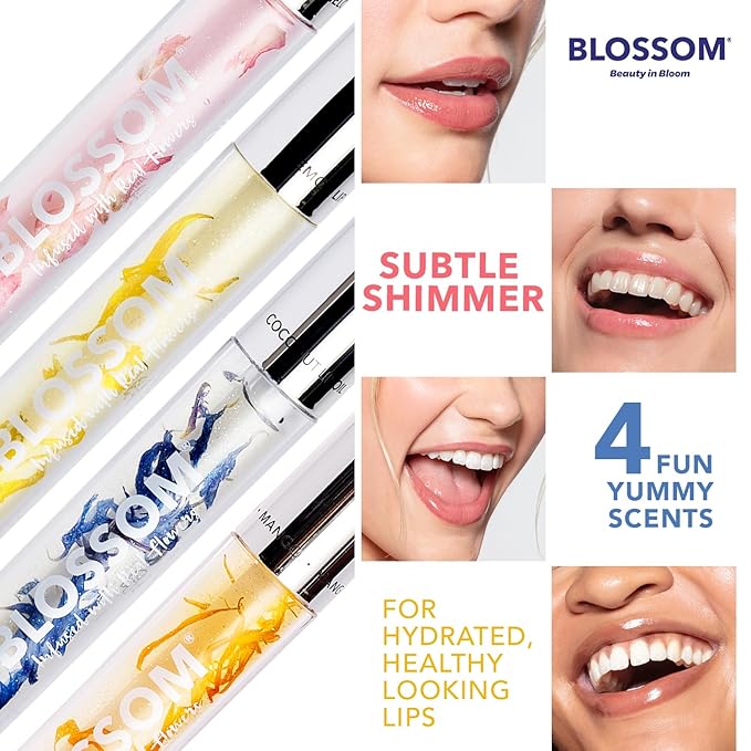 Blossom Moisturizing and Hydrating Shimmer Sparkle Lip Oil with Olive Oil + Grape Seed Oil, Infused with Real Flowers, 3g, Coconut-Velvo Beauty