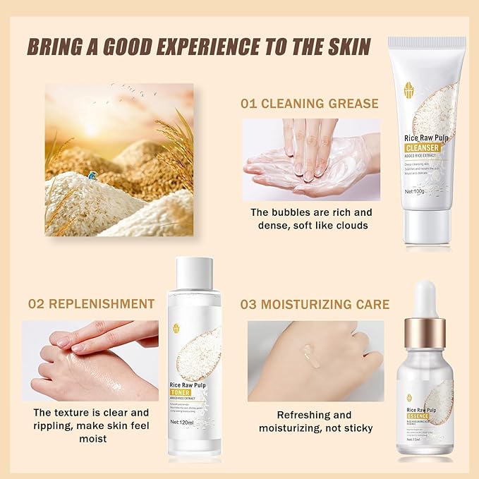 Skincare Gifts for Teenage Girls - Rice Raw Pulp Skin Care Sets & Kits - 6PCS Pamper Gifts for Women with Facial Cleanser-Toner-Eye Cream-Essence-Emulsion-Cream - Gift Set for Firming Hydrating Skin-Velvo Beauty