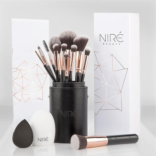 Niré Beauty 15piece Award Winning Professional Makeup Brush Set: Vegan Makeup Brushes with Case, Makeup Sponge, Brush Cleaner, Guide, Gift Box-Velvo Beauty