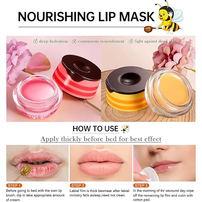 Bee Lip Balm Honey Pot,4 PCS Strawberry & Honey Moisturizing Propolis Lip Mask,Hydrating Prevention Dry and Cracked Lip Scrubs Exfoliator,Lip Sleep Mask Reduces Lip Lines Lip Skin Care Products…-Velvo Beauty