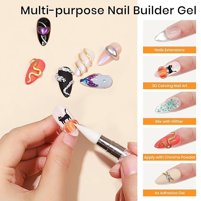 MIZHSE Solid Builder Gel - 1 oz Clear Non Stick Hand Hard Gel with 6 Colors Chrome Nail Powder and Nail Form Extension Kit for Salon and Home DIY-Velvo Beauty