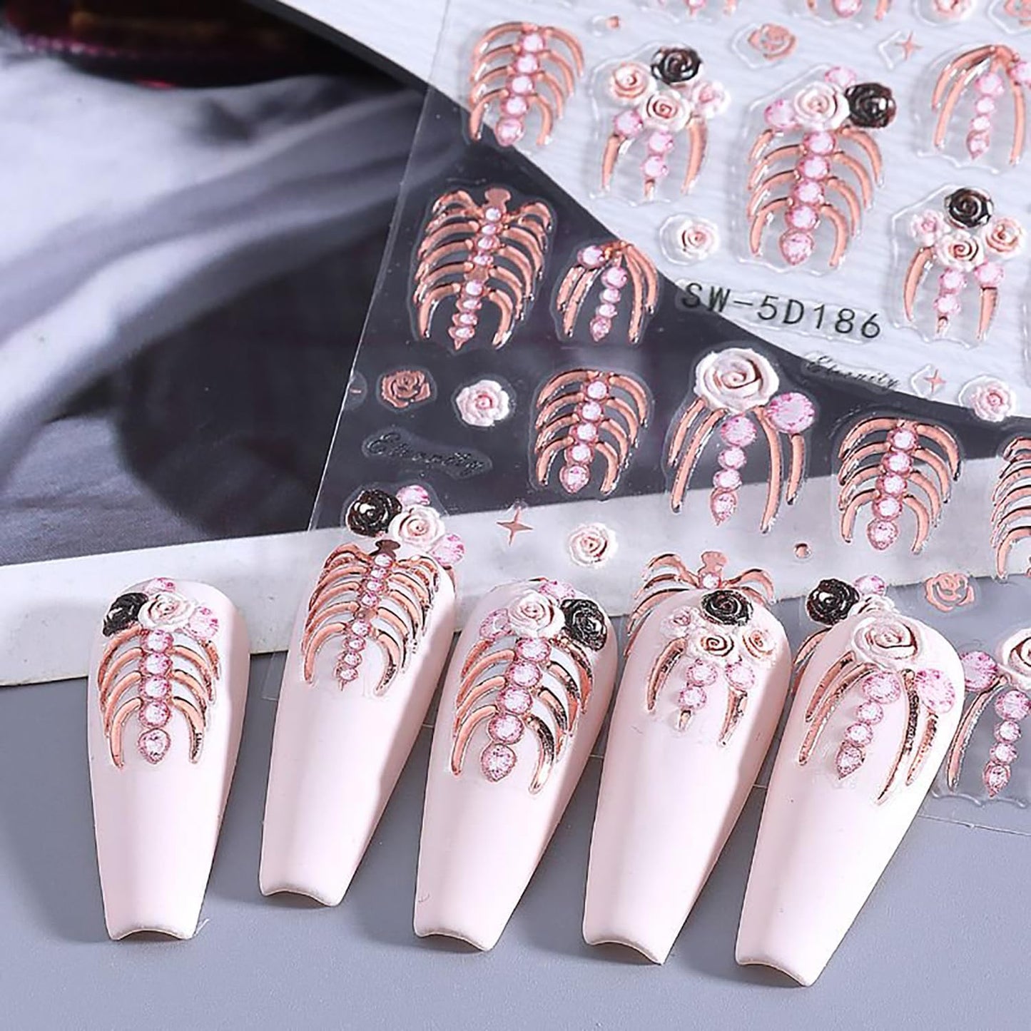 Halloween Nail Art Stickers 5D Relief Skeleton Hand Rose Flowers Nail Decals Self -Adhesive Gold Rose Gold White Nail Decals Holographic Halloween Nail Decoration for Women Manicure Supplies-Velvo Beauty
