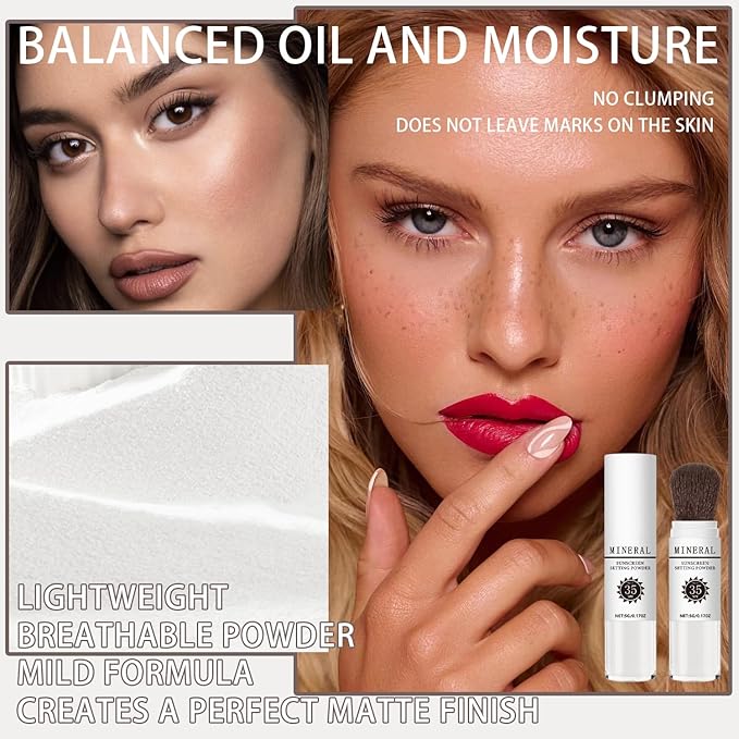 Mineral Sunscreen Setting Powder, SPF 35 Translucent Loose Powder, Mineral Brush Powder, Oil Control Natural Matte Finish, Lasting Lightweight Breathable for All Skin (#03 White)-Velvo Beauty