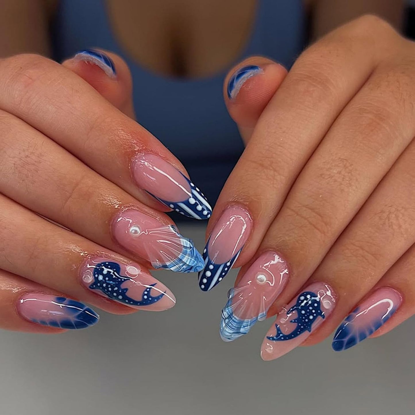 Semi Cured Gel Nail Strips with Shark Designs Gel Nail Stickers Blue Glossy French Tip Salon Quality & Easy to Use 20 Pcs for Women-Velvo Beauty