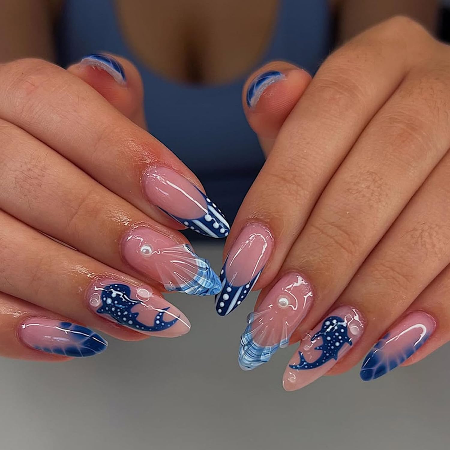 Semi Cured Gel Nail Strips with Shark Designs Gel Nail Stickers Blue Glossy French Tip Salon Quality & Easy to Use 20 Pcs for Women-Velvo Beauty