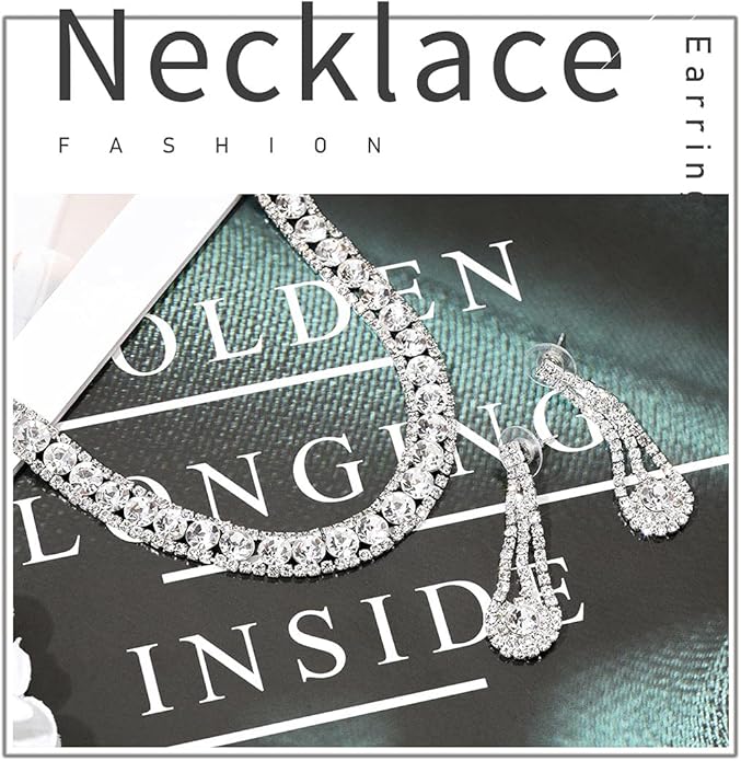 Yean Bride Silver Necklace Earrings Set Rhinestone Bridal Wedding Jewelry Sets Crystal Choker Necklace for Women (Set 3)-Velvo Beauty