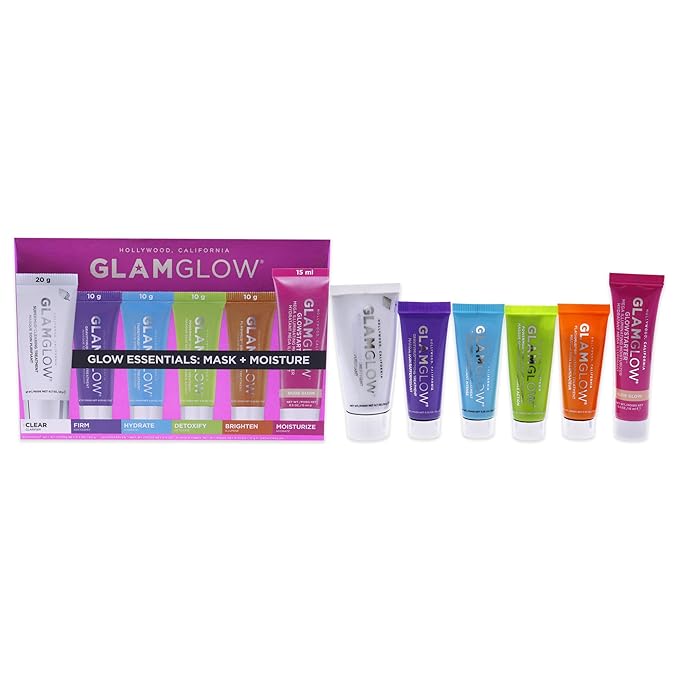 GLAMGLOW Glow Essentials Mask + Moisture Travel Set - SUPERMUD (0.7 oz), GLOWSTARTER NUDE (0.5 oz), GRAVITYMUD (0.35 oz), THRISTYMUD (0.35 oz), POWERMUD (0.35 oz) & FLASHMUD (0.35 oz)-Velvo Beauty