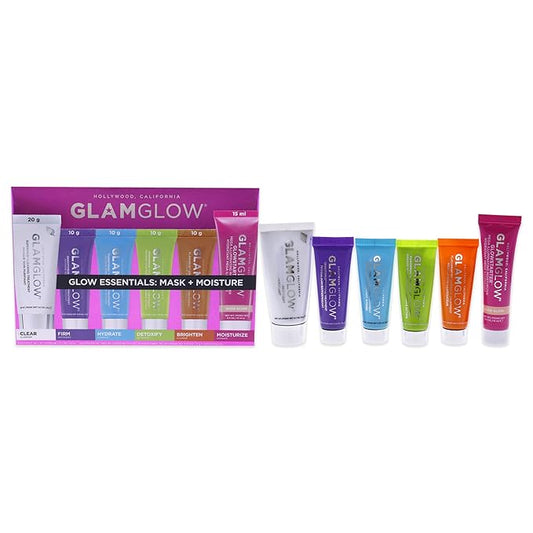 GLAMGLOW Glow Essentials Mask + Moisture Travel Set - SUPERMUD (0.7 oz), GLOWSTARTER NUDE (0.5 oz), GRAVITYMUD (0.35 oz), THRISTYMUD (0.35 oz), POWERMUD (0.35 oz) & FLASHMUD (0.35 oz)-Velvo Beauty