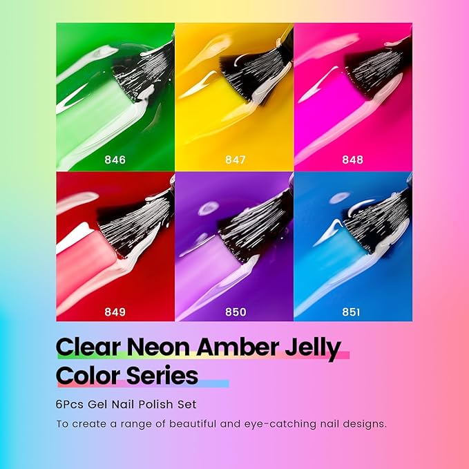 RARJSM Neon Jelly Gel Nail Polish Set 6pcs Clear Crytal Glass Yellow Blue Green Red Pink Purple Transparent Sheer Gel Varnish LED UV Curing Requires French Manicure Soad off Summer Iridescent Colors-Velvo Beauty