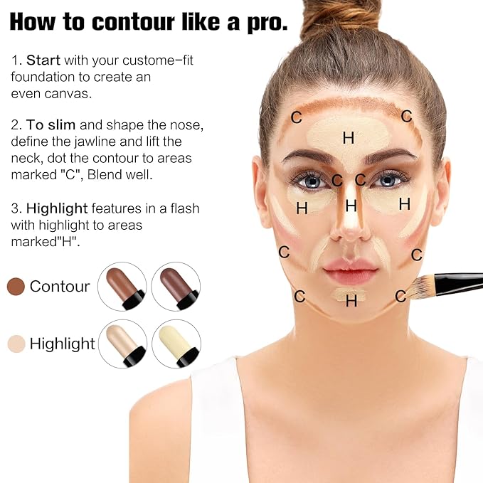 Contour Stick, 2Pcs Dual-Ended Highlighter Makeup Pen & Contouring Stick for Face Shaping, Long Lasting Waterproof Cream Bronzer & Highlight Sticks Make Up Kit for All Skin Tones (01# + 04#)-Velvo Beauty