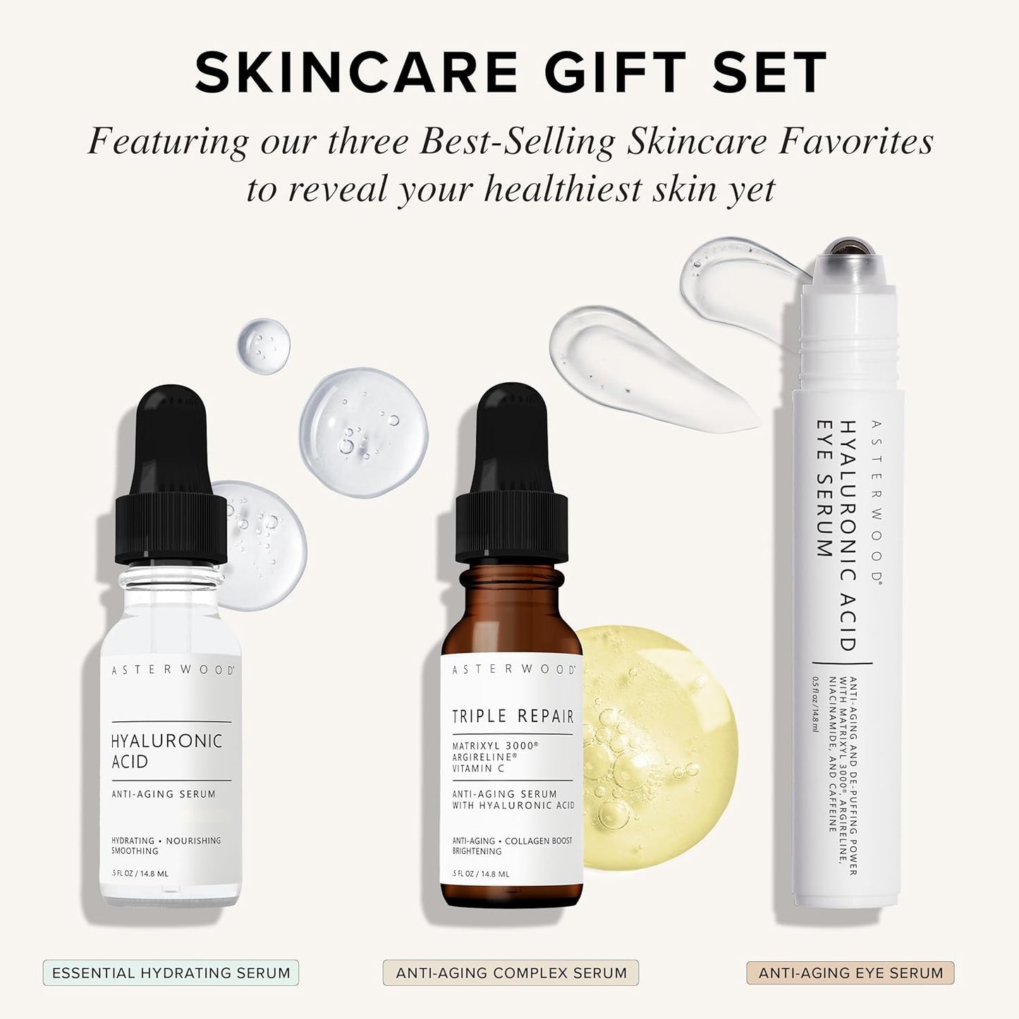 Asterwood Skin Care Set - with Hyaluronic Acid & Triple Repair Serums, Under Eye Serum - Skincare Essentials - Hydrating, Moisturzing, Anti-Aging - Fragrance-Free-Velvo Beauty