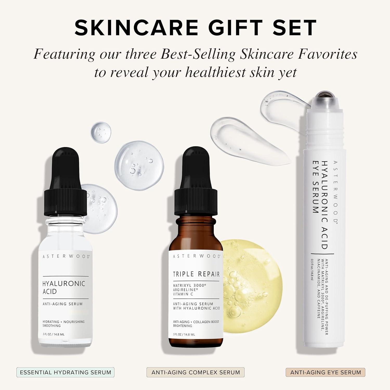 Asterwood Skin Care Set - with Hyaluronic Acid & Triple Repair Serums, Under Eye Serum - Skincare Essentials - Hydrating, Moisturzing, Anti-Aging - Fragrance-Free-Velvo Beauty