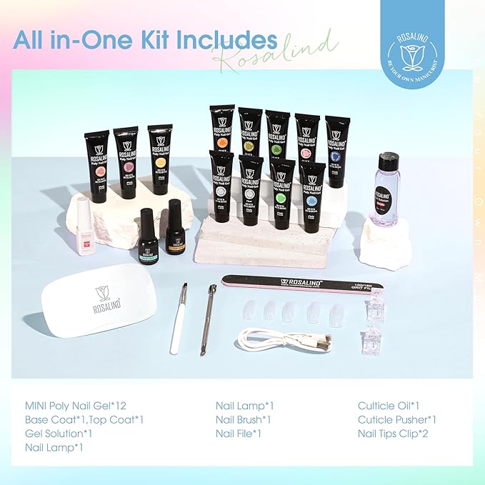 ROSALIND 12PCS Poly Nail Gel Kit with Mini Nail Lamp Nude Brown Cherry Pink Poly Extension Gel Kits-Velvo Beauty