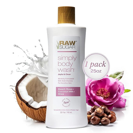 RAW SUGAR Simply Body Wash, Beach Rose + Coconut Milk + Shea (25 Fl Oz, Pack of 1) Sensitive Skin Bath Soap, Formulated without Sulfates & Parabens-Velvo Beauty