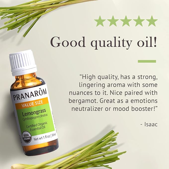 Pranarom USDA Certified Organic Lemongrass Essential Oil (30ml), 100% Pure Undiluted Therapeutic Grade from India for Aromatherapy, Diffuser, Meditation, Massage, Relaxation, Citrus - Lemon-Velvo Beauty