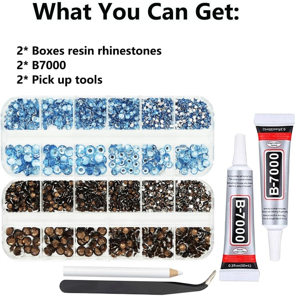 Rhinestones for Bedazzling with B7000 Glue, Light Blue Brown 2mm 3mm 4mm 5mm 6mm (SS8-SS30) Non-Hotfix Flatback Diamonds Kit, Nail Crystals Gems Beads for Bedazzle Crafting, DIY Nail Art-Velvo Beauty