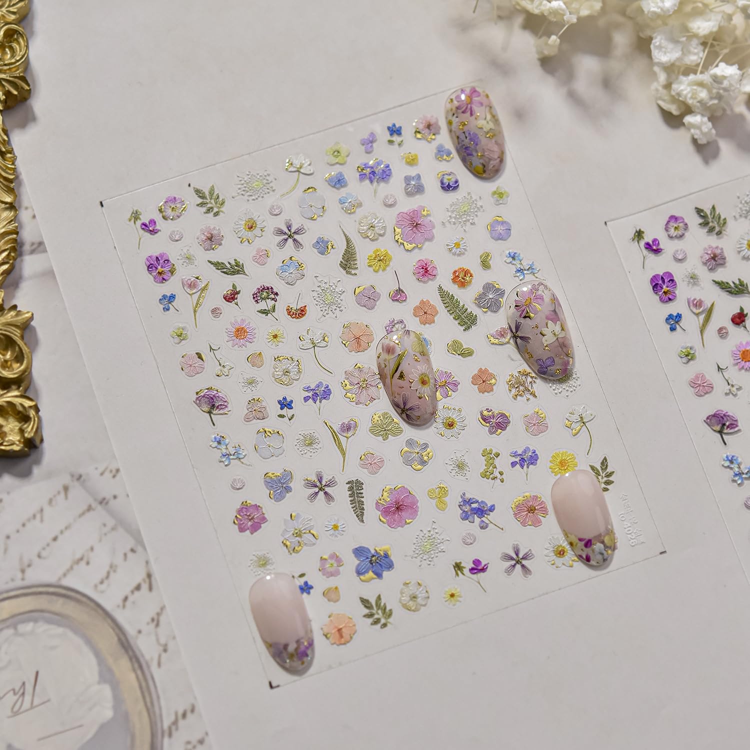 Flowers Nail Art Stickers Colorful Dried Flower Nail Decals 3D Self Adhesive Gold Foil Designs Spring Summer Nail Sticker Daisy Nail Stickers Cute Floral Nail Decal for DIY Nail Art Nails Decor Women-Velvo Beauty