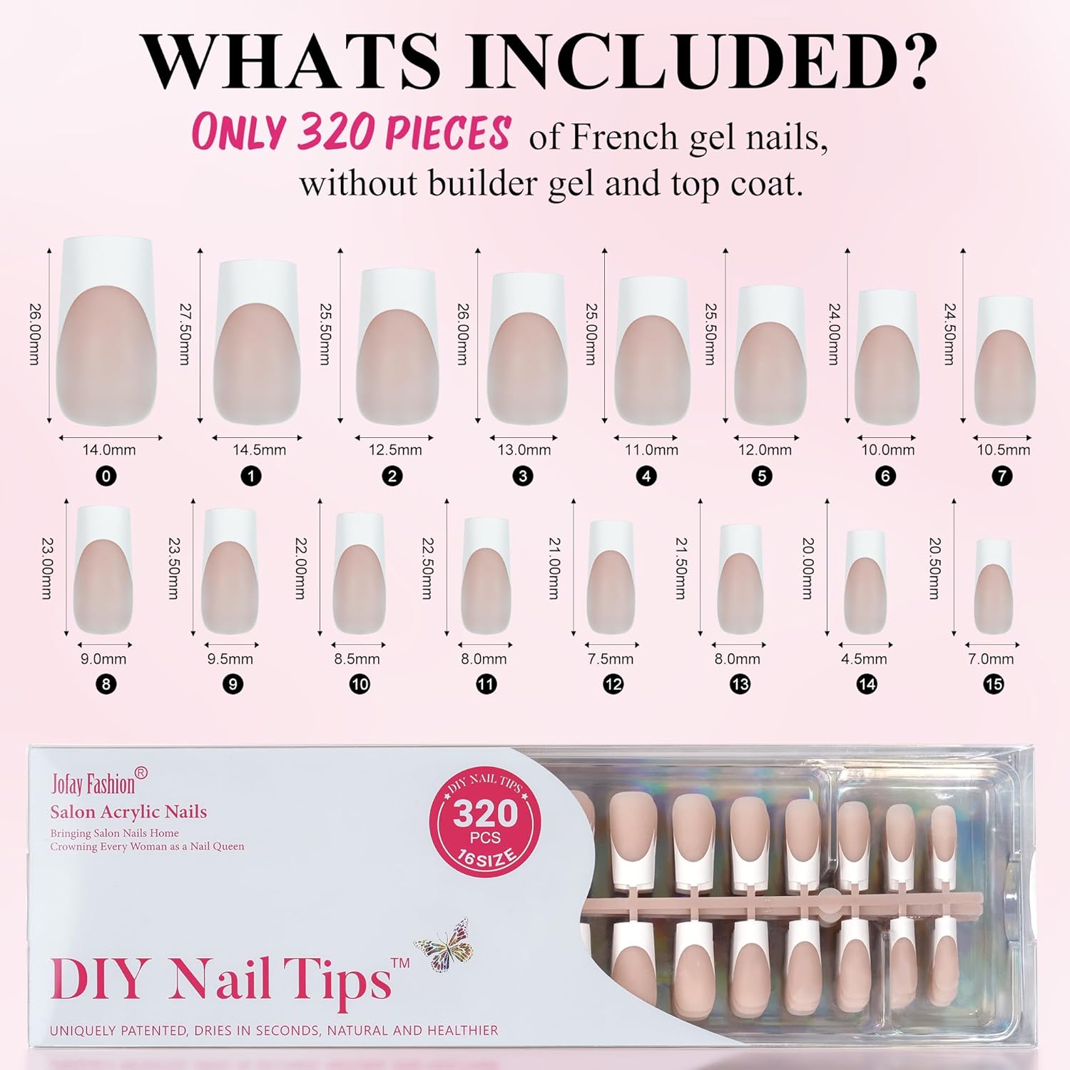 French Gel Nail Tips - Jofay Fashion French Tip Press on Nails 10-Piece Set 320Pcs, 3 in 1 Nude long Square Nail Tips, No Need to File Acrylic Fake Nails for Nail Art DIY & Nail Extension, 16 Sizes-Velvo Beauty