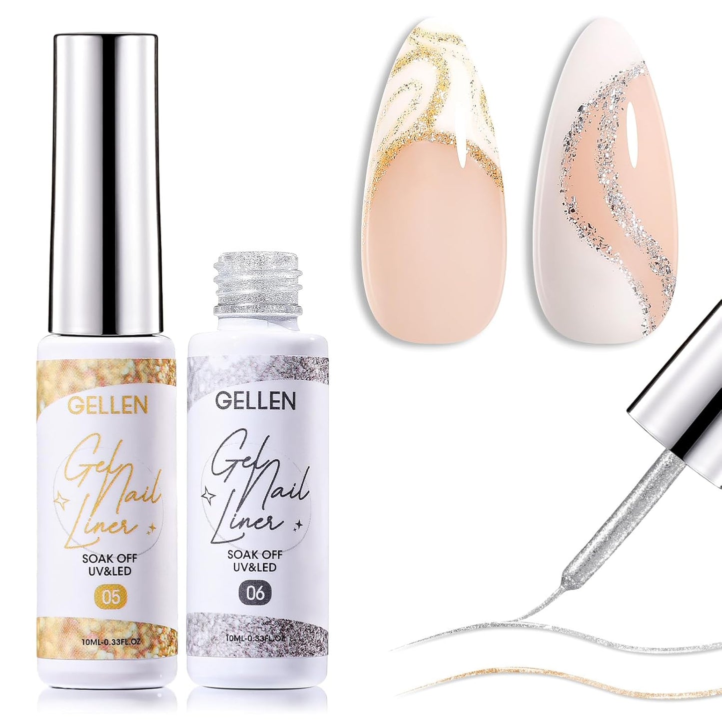 GELLEN Gold Silver Liner Gel Nail Polish, 2Pcs 10ml Soak off Uv Lamp Glitter Nail Art Polish Set with Built Thin Brush, Gel Art Paint for Sparkly Shiny Swirl Nails, Christmas Diy Gift for Women Girls-Velvo Beauty