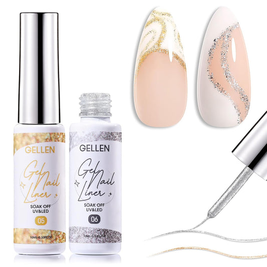 GELLEN Gold Silver Liner Gel Nail Polish, 2Pcs 10ml Soak off Uv Lamp Glitter Nail Art Polish Set with Built Thin Brush, Gel Art Paint for Sparkly Shiny Swirl Nails, Christmas Diy Gift for Women Girls-Velvo Beauty