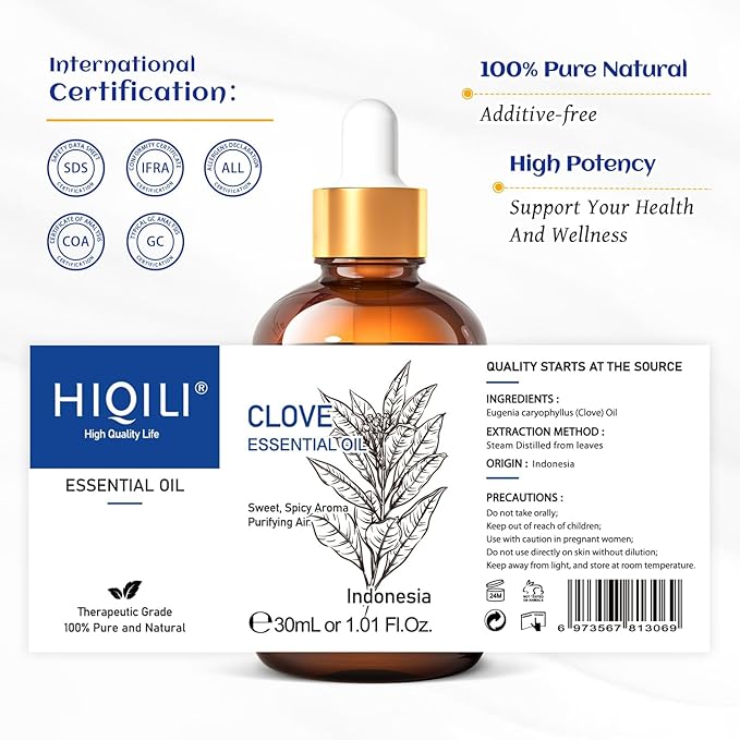 HIQILI 1 Fl Oz Clove Oil for Teeth and Gums, Oral Care, DIY Clean Spray, Aromatherapy, 100% Pure Natural Premium - 30ml-Velvo Beauty