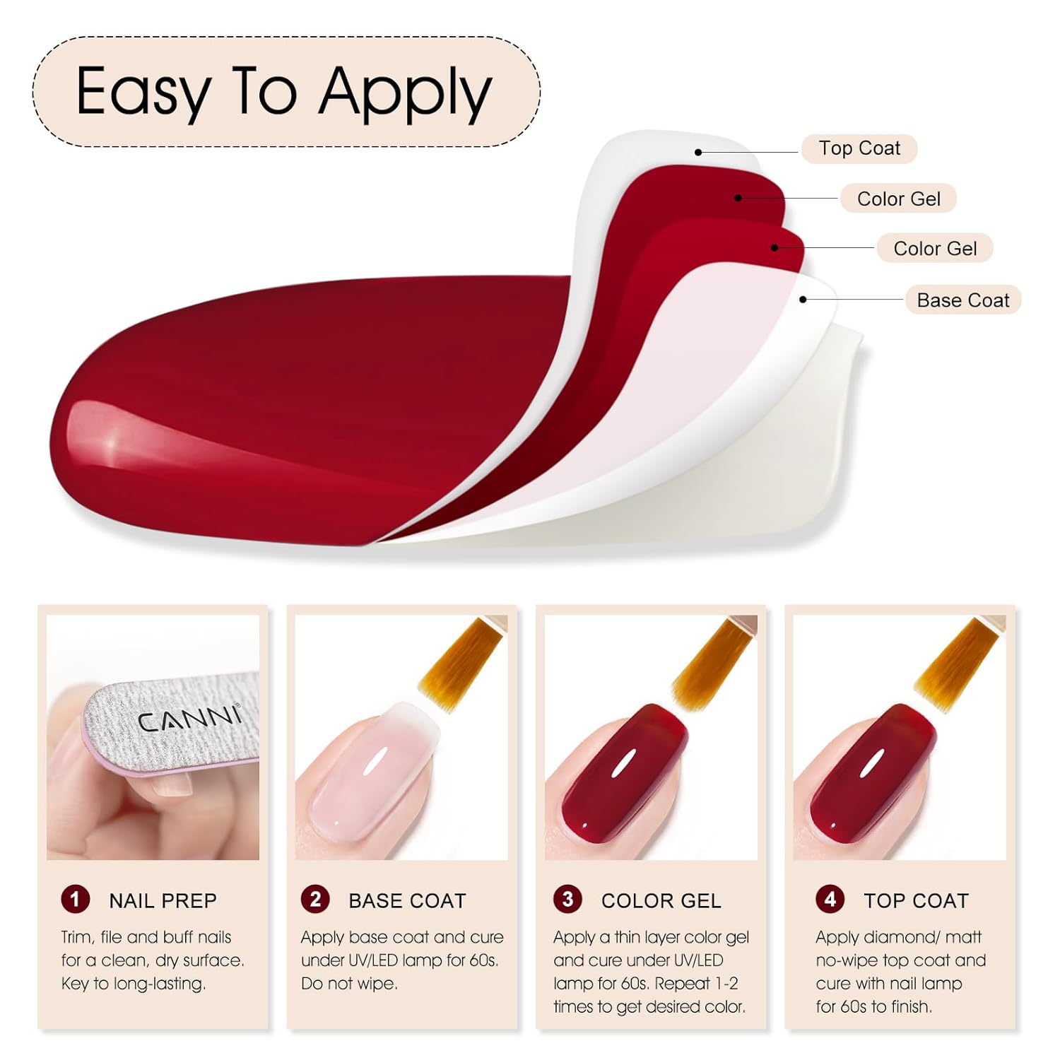 CANNI Jelly Red Gel Polish – 0.3oz Translucent Deep Dark Red Sheer Wine Color, High Gloss UV/LED Soak-Off Gel Nail Polish for DIY Manicure, Salon Quality For Girls & Women-Velvo Beauty