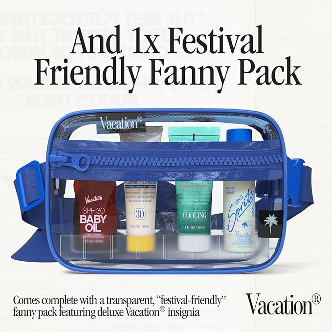 VACATION Sun Belt Sampler Kit, SPF 30-50 Sunscreen Pack, Includes Classic Lotion, Super Spritz Face Mist, Baby Oil, After Sun Gel, Festival Friendly Fanny Pack-Velvo Beauty