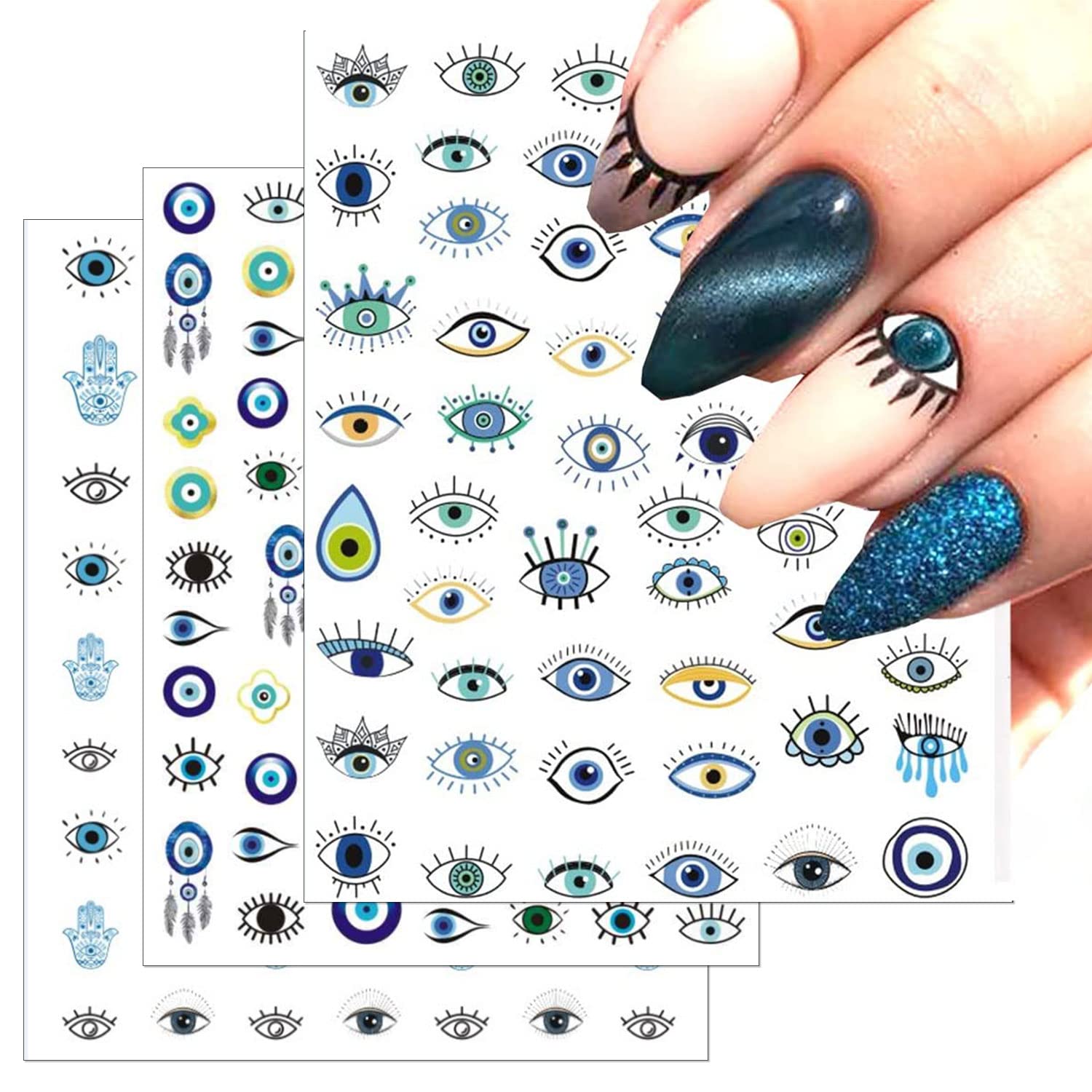 14 Sheets Evil Eye Nail Stickers, 3D Turkish Blue Eye Design Nail Art Decals, Self Adhesive Hamsa Hand of Fatima Manicure Decorations-Velvo Beauty