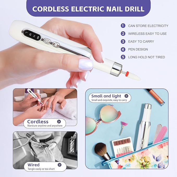 Electric Nail Drill File Cordless,Portable Rechargeable Nail File Kit for Acrylic & Gel Nails,Professional Efile for Manicure Pedicure Polishing,with 12 Nail Drill Bits 31 Sanding Bands,White-Velvo Beauty