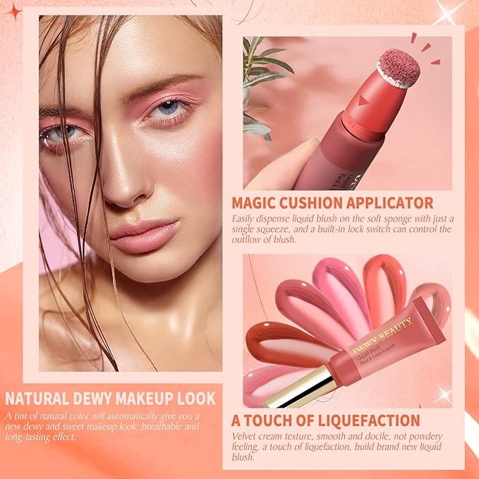 Liquid Blush Makeup Wand, Cream Liquid Blush with Cushion Applicator For Cheeks Tint, Natural-looking, Glow Dewy Finish, Weightless Blendable Liquid Blush Stick | #106 ELEGANT-Soft Pink-Velvo Beauty