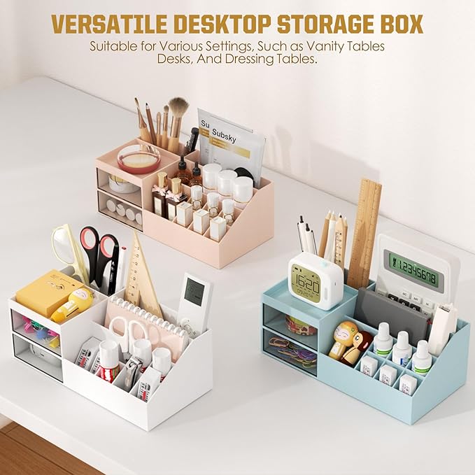 Subsky Makeup Organizer with Drawers, Easy Storage for Beauty Products Brushes, Multifunction Plastic Desk Organizer, Cosmetics Organizer for Countertop Dresser Vanity and Bathroom (White)-Velvo Beauty