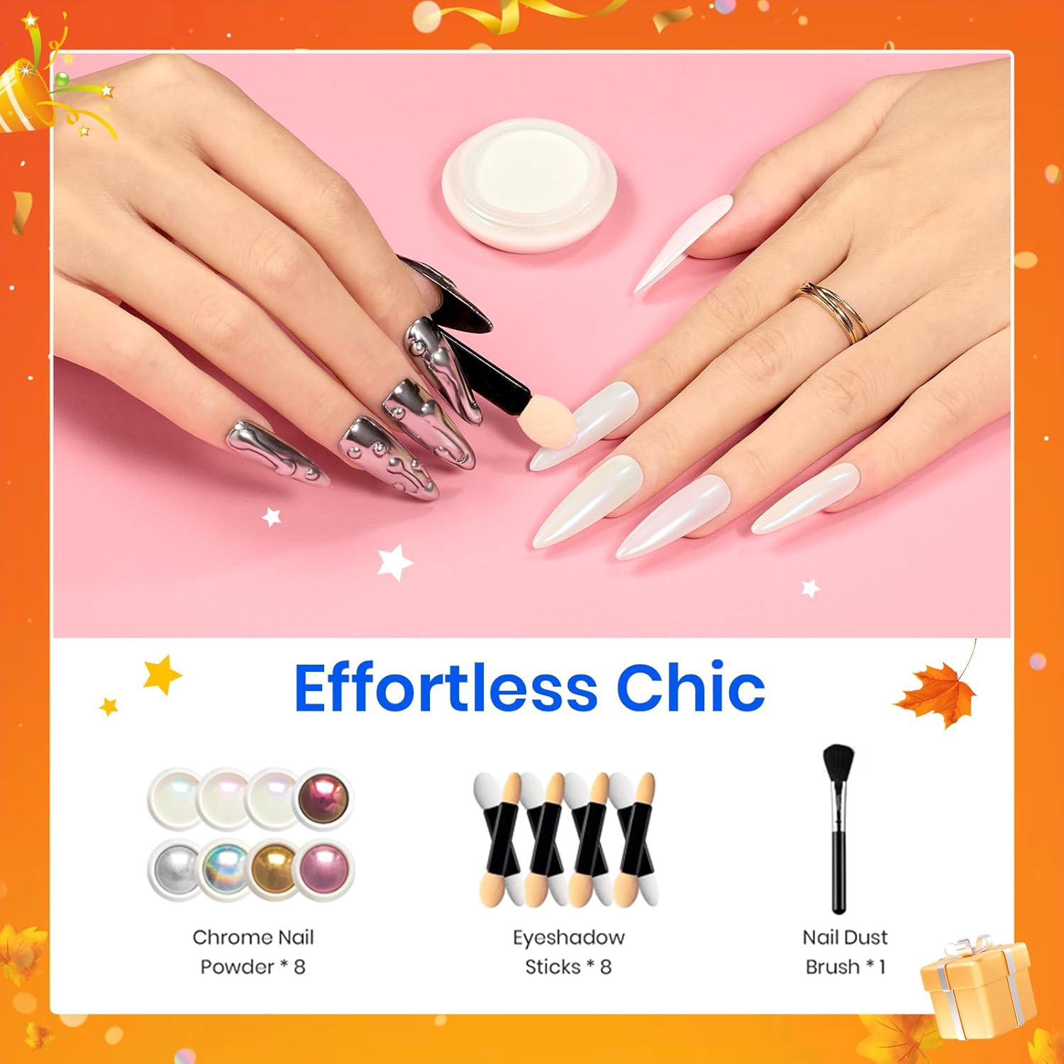 Beetles Chrome Nail Powder Gold Silver Mirror Effect 8 Colors Holographic Aurora Iridescent Pearlescent Manicure Nail Art Decoration Glitter Cromer Nail Powder for Nails 1g/Jar Gift for Women-Velvo Beauty