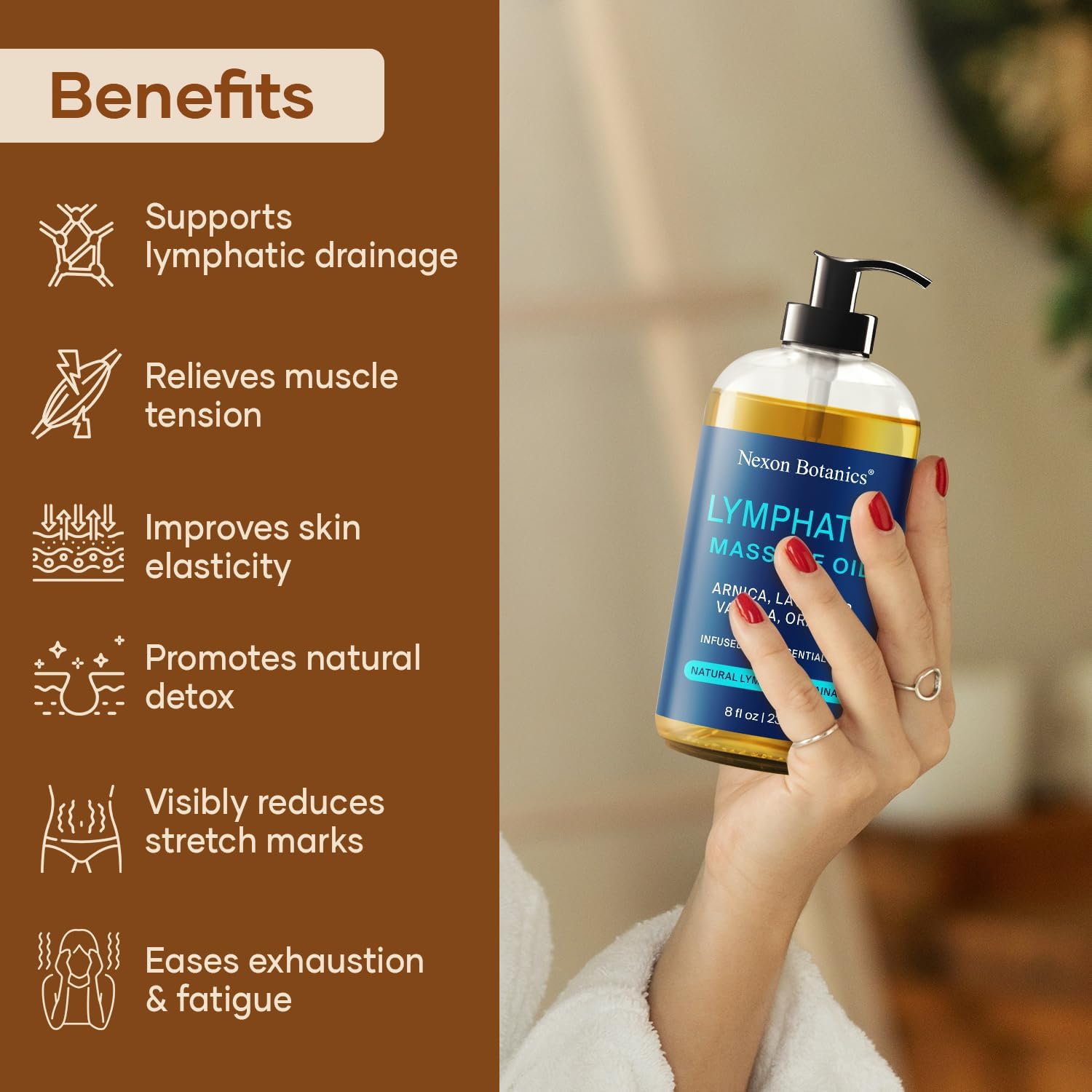 Lymphatic Drainage Massage Oil for Massage Therapy 8 fl oz - Refreshing and Relaxing - Natural Oils with Arnica, Vanilla and Lavender Oil - for Men and Women - Nexon Botanics-Velvo Beauty