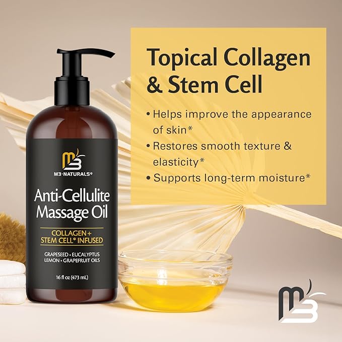 M3 Naturals Firming Body Massage Oil with Collagen & Stem Cell – Helps Smooth The Appearance of Cellulite & Improve Skin Texture – Refreshing Aromatherapy Body Oil for Legs & Full Body – 16 Fl Oz-Velvo Beauty